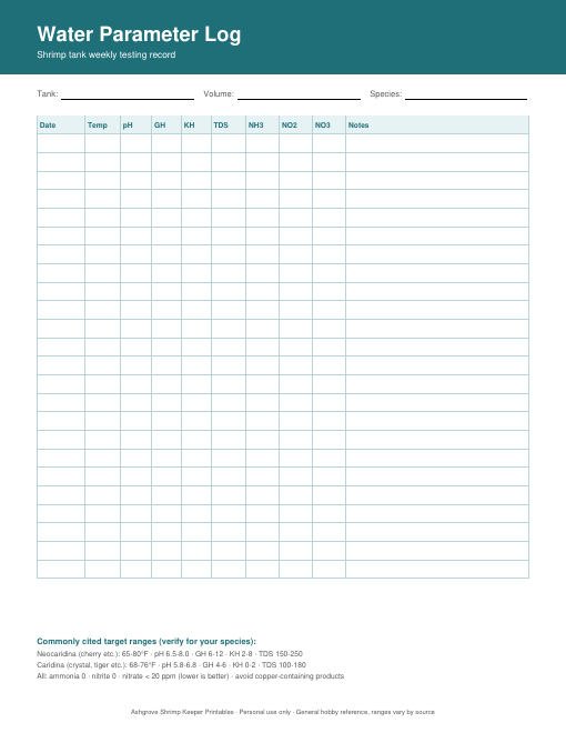 Preview of the Water Parameter Log printable